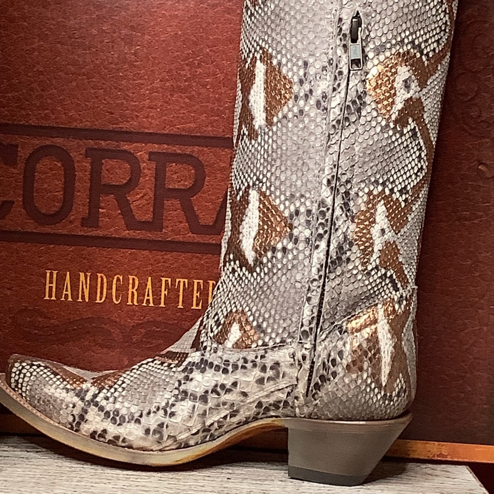 Corral Python Snake Skin Hand Painted Gold Accents Tall Top Western Boots 2”Heel - Picture 10 of 14